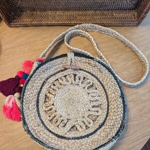 Woven Straw Circle Bag with Tassels